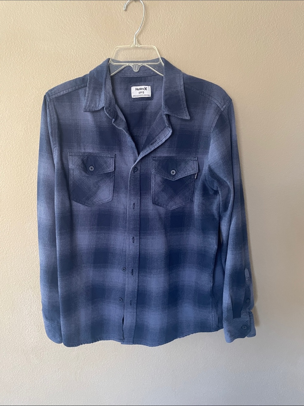 Hurley Men's Navy and Slate Blue Plaid Button-Down Flannel Shirt